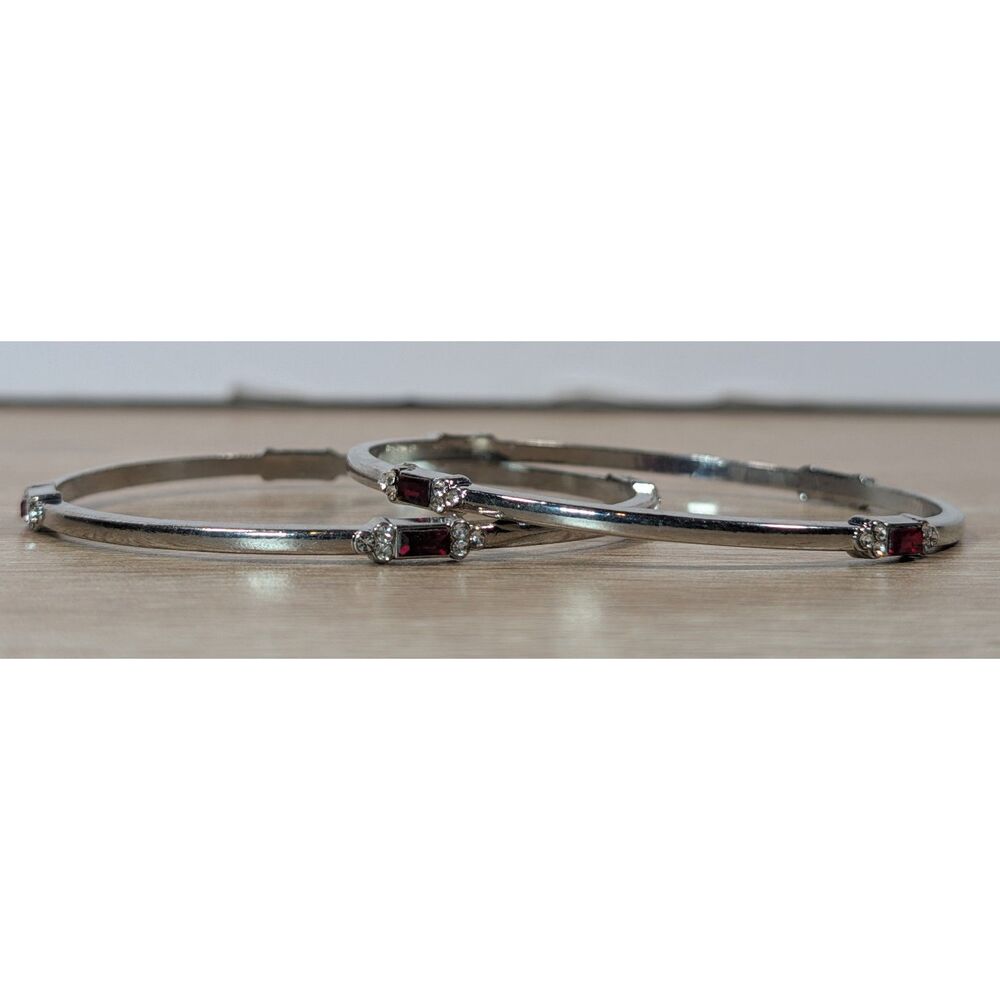 Vintage Silver Tone Red Rhinestone Hinged Bangle Bracelets Set of 2